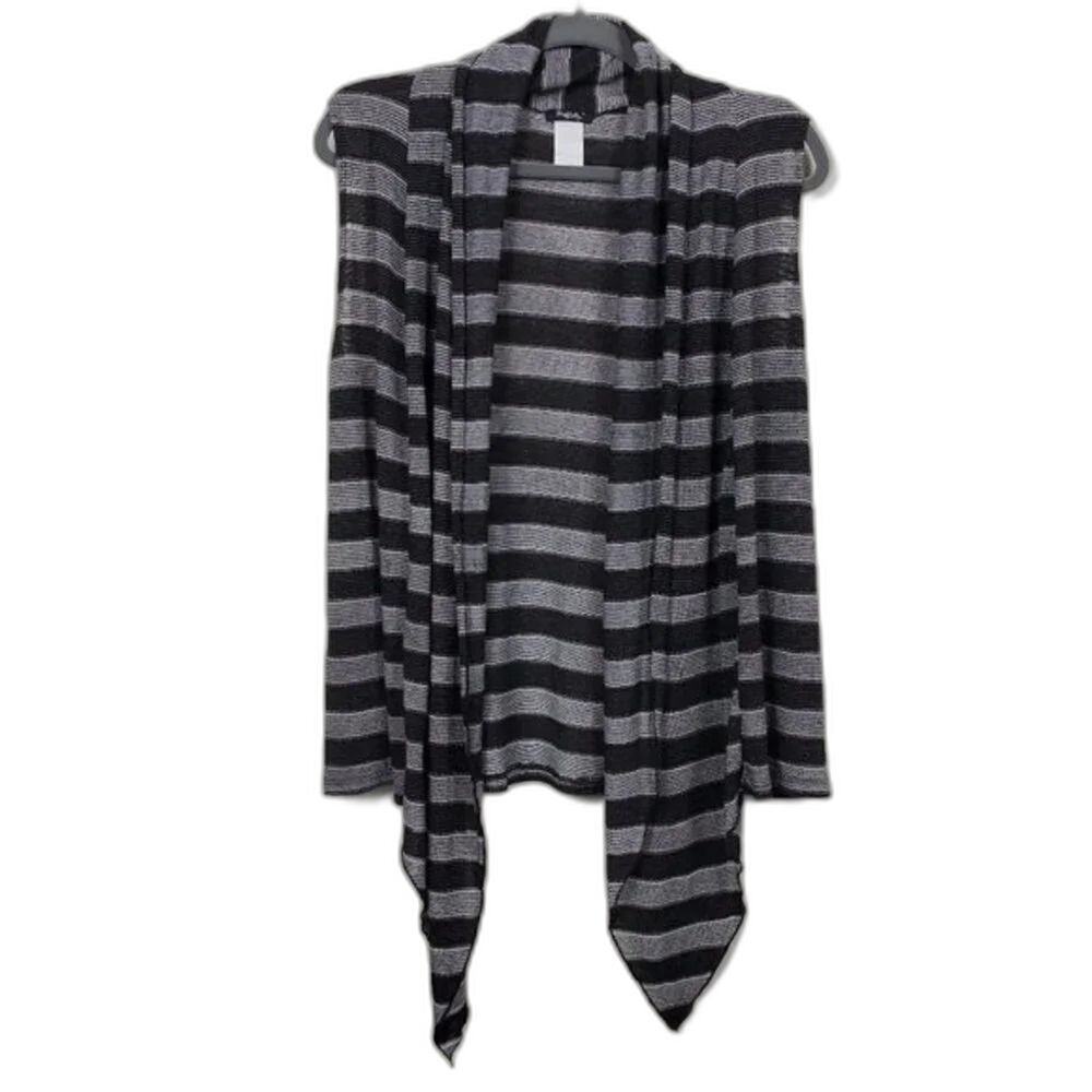 Rhapsody Sleeveless Striped Open Front Cardigan Womens L Black Silver Metallic